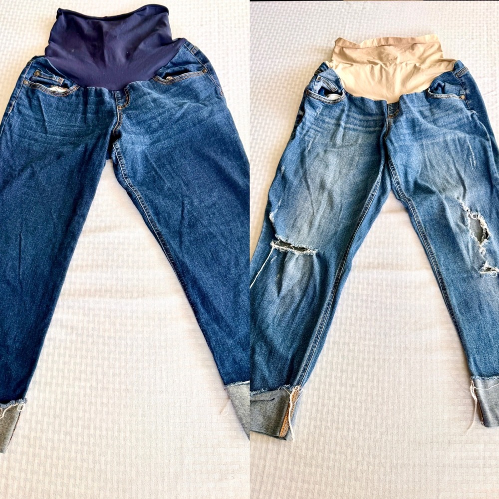 Indigo Blue Distressed Maternity Boyfriend Jeans Bundle 2 Pair Blue Size L